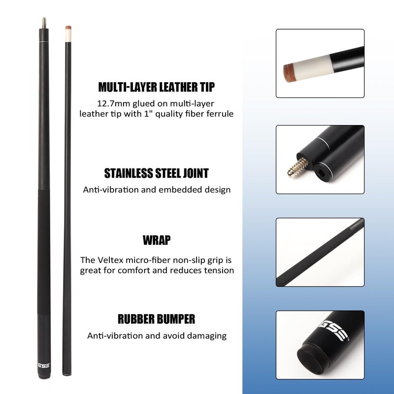 GSE Games & Sports Expert 58" 2-Piece Fiberglass Graphite Composite Billiard Pool Cue Stick for Men/Women, Billiard Cue Stick for House or Commercial/Bar Use (Matte Black, 20 Oz) - Image 2